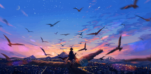 Japanese-Style Illustration of a Girl Standing on a Flying Bird, colorful city building Surrounded by Flock of Birds in the Scenic Sky