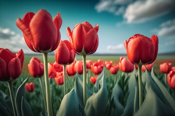 Obraz premium Red tulips under blue sky. Fresh red tulip flowers in the garden. Red tulip field, spring background in red color. Close up. Selective focus. generative ai 