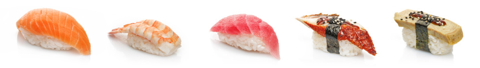 Nigiri collection, on a white background. Delicious seafood dish with fresh produce and rice on a white background, symbolising healthy eating and wellbeing. Japanese food.
