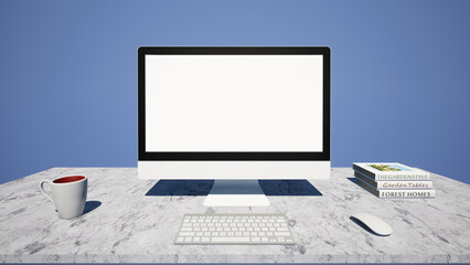 Desktop computer mockup blank screen available for inserting ads, for business, marketing, and creative design. On a simple blue background, it gives a feeling of relaxation,3d illustration