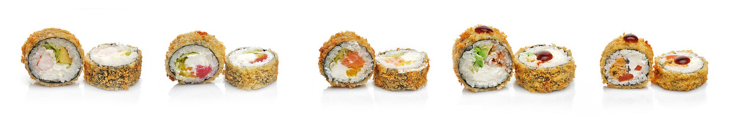 Japanese food. Tempura roll collection, on a white background. Delicious seafood dish with fresh produce and rice on a white background, symbolising healthy eating and wellbeing.