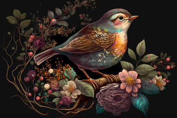 Bird with flowers and leaves on a black background. Illustration. Generative AI