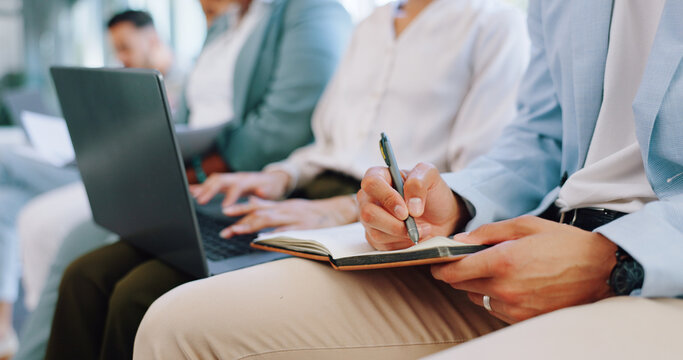 Recruitment, row and business people writing in notebook for hiring, job interview or work opportunity. Human resources, onboarding and candidates sitting with book, typing on laptop and write notes - Powered by Adobe