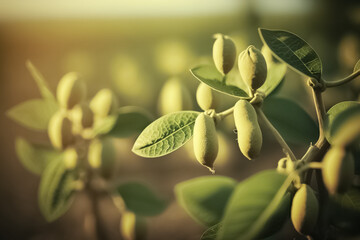 Stems of young green soybean plants in the period of active growth with immature pods. Selective focus. Young soybean pods in a soybean field on a sunny day. generative ai