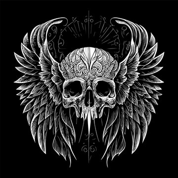 This illustration depicts a skull head with intricately detailed feathers extending into wings. The juxtaposition of death and life creates a hauntingly beautiful image
