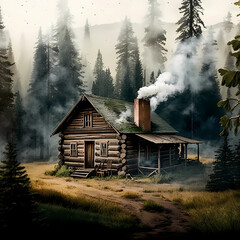 a lone cabin in the woods. with a puff of smoke from the chimney. 3d illustration