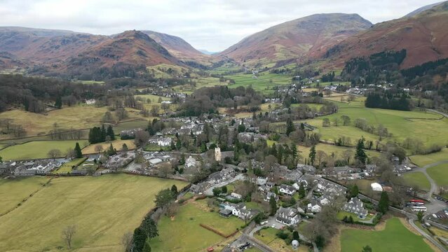 Cumbrian landscape, Aerial view of Grassmere, village, town in the English Lake District, UK.
