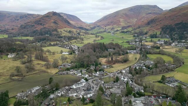 Cumbrian village landscape, Aerial view of Grassmere, village, town in the English Lake District, UK.