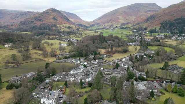 English landscape, Aerial view of Grassmere, village, town in the English Lake District, UK.