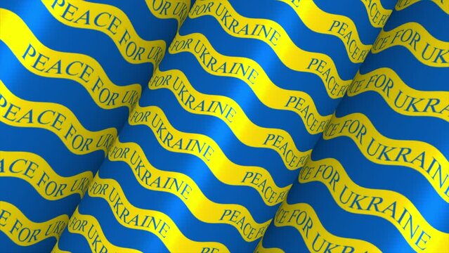 Peace for Ukraine repeated text slogan on waving blue and yellow colored flag. 3D animation