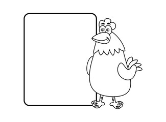 Illustration of a white and black farm hen with a billboard for coloring