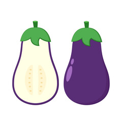 Cartoon eggplant emoji icon, aubergine symbol. Isolated vector vegetable illustration. eggplant with slices flat vector illustration logo icon clipart.