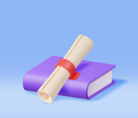 3D Graduation Diploma and Book Isolated. Render Graduation Certificate Scroll and Textbook. Education Symbol. Back to School. Education, Degree Ceremony Concept. Vector Illustration