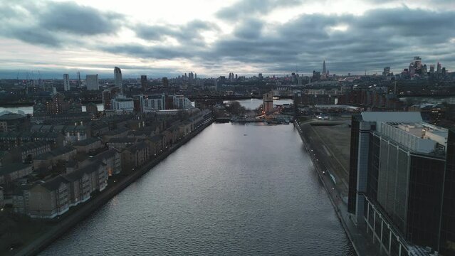 Millwall dock London UK  Drone, Aerial, view from air, birds eye view,