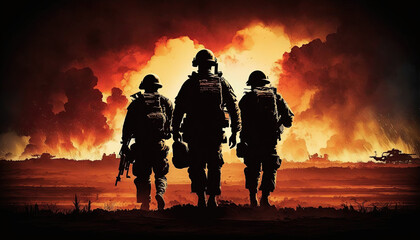 poster with a detachment of military soldiers with weapons on battlefield with explosions. Generative AI