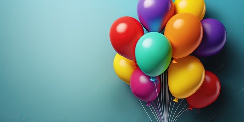 Bunch of bright colorful balloons on cyan blue background, space for text. Banner design by ai generative 