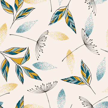 Scandinavian seamless doodle pattern with vintage leaves sketch. For wrapping paper. Ideal for wallpaper, surface textures, textiles.