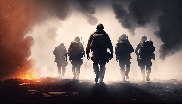 poster with a detachment of military soldiers with weapons on battlefield with explosions. Generative AI