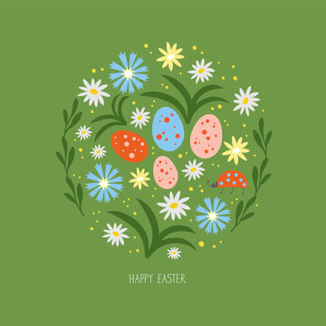 Happy Easter. Doodle illustration with forest flowers, leaves, ladybug, easter eggs and hand lettering. Spring ornament