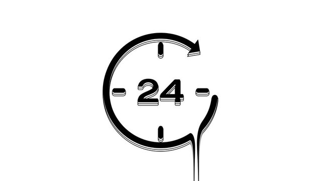 Black Clock 24 hours icon isolated on white background. All day cyclic icon. 24 hours service symbol. 4K Video motion graphic animation