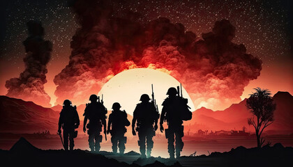 Obraz na płótnie Canvas silhouette of group of soldiers with weapons against the background of sunset and explosions. Generative AI