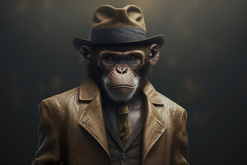 Cool monkey portrait with Gangsta Dress. Generative AI