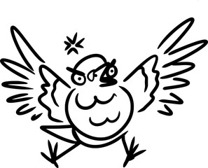 Vector drawing of a pigeon, dove. Sketch, contour,silhouette,flat,black and white.In cartoon style, hand drawn, doodle, isolated. Silly, cute, funny. Birds, animal, city, character, emotion