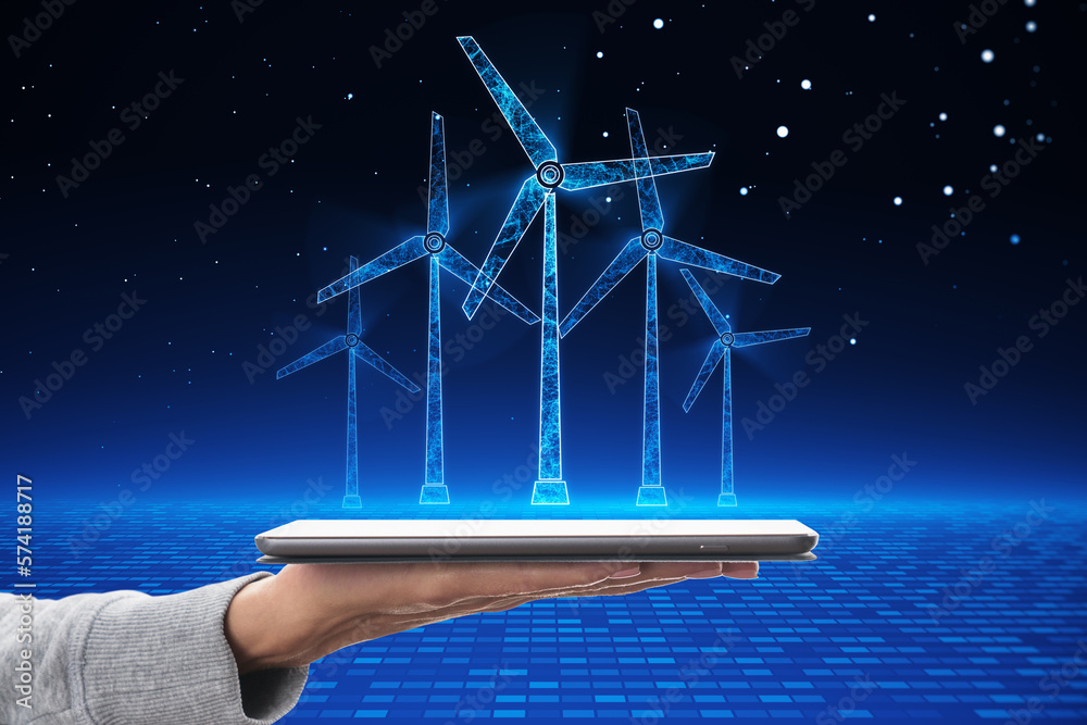 Poster innovative technologies and green energy concept with digital light windmills projected from digital