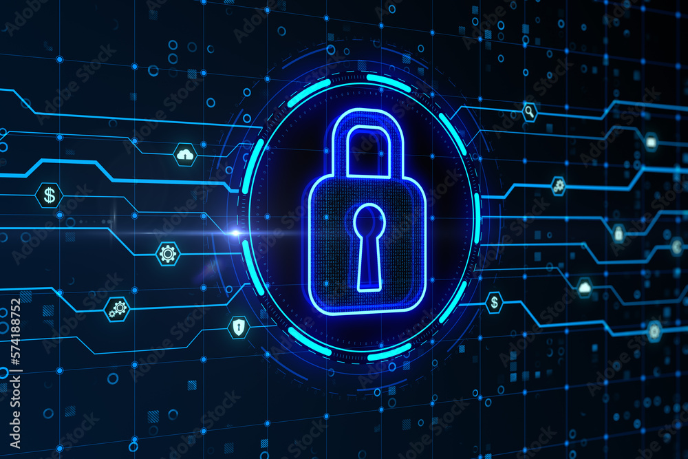 Aufkleber Confidentiality of cyber data or information concept with digital blue closed padlock in a circle on abstract dark technological background with circuit scheme. 3D rendering