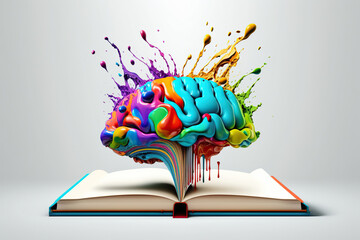 Open book with fantastic levitation glowing brain and colorful splash on white background, World book day, knowledge and creativity concept Ai Generative - obrazy, fototapety, plakaty