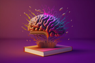 Book with fantastic levitation glowing brain and colorful splash on pink background, World book day, knowledge and creativity concept Ai Generative
