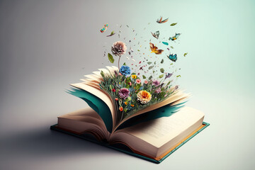 Open book with fantastic levitation glowing colorful flowers splash on white background, beautiful, World book day, knowledge and creativity concept, spring, summer mood. Ai Generative - obrazy, fototapety, plakaty