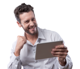 Cheerful smiling young man with tablet