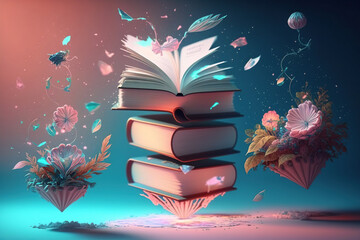 Open book with fantastic levitation glowing colorful flowers splash on pink background, beautiful, World book day, knowledge and creativity concept, spring, summer mood. Ai Generative