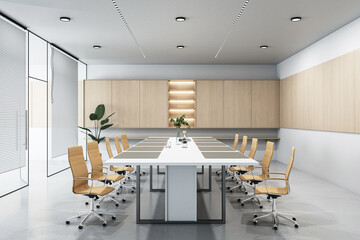 Side view on white glossy meeting table and wheel chairs in minimalistic style conference room with transparent doors, concrete floor and wooden decoration on background. 3D rendering