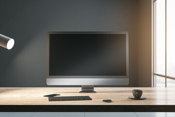 Front view on blank black modern computer monitor screen with place for your web design or web page on sunlit wooden table with keyboard on dark wall background and city view. 3D rendering, mock up