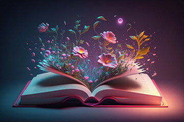 Open book with fantastic levitation glowing colorful flowers splash on pink background, beautiful, World book day, knowledge and creativity concept, spring, summer mood. Ai Generative