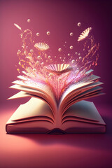 Open book with fantastic levitation glowing colorful flowers splash on pink background, beautiful, World book day, knowledge and creativity concept, spring, summer mood. Ai Generative