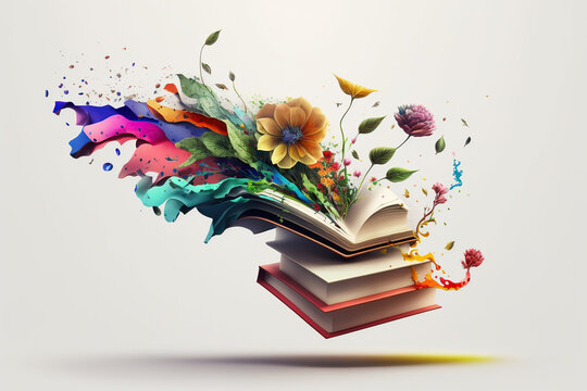 Open book with fantastic levitation glowing colorful flowers splash on white background, beautiful, World book day, knowledge and creativity concept, spring, summer mood. Ai Generative