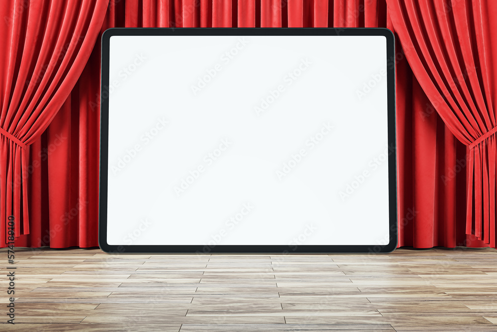Poster Front view on huge digital tablet blank white screen with space for your web design or landing web page on wooden floor and on red backstage curtain background, online movie. 3D rendering, mock up
