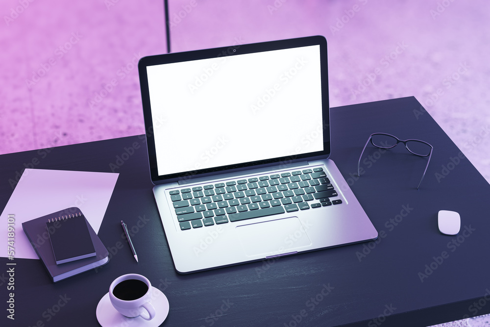 Aufkleber top perspective view on blank white modern laptop screen with place for web design or landing page o