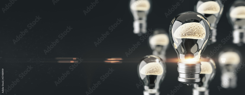 Aufkleber Abstract glass lamp with brain inside on wide black background with mock up place. Inventor concept. 3D Rendering.
