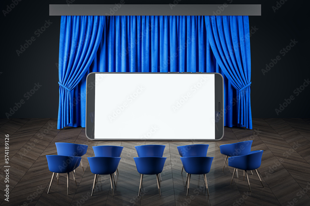 Poster Online cinema concept with front view on blank white huge smartphone screen with space for your web site or logo brand in front of chairs on blue backstage curtain background. 3D rendering, mock up
