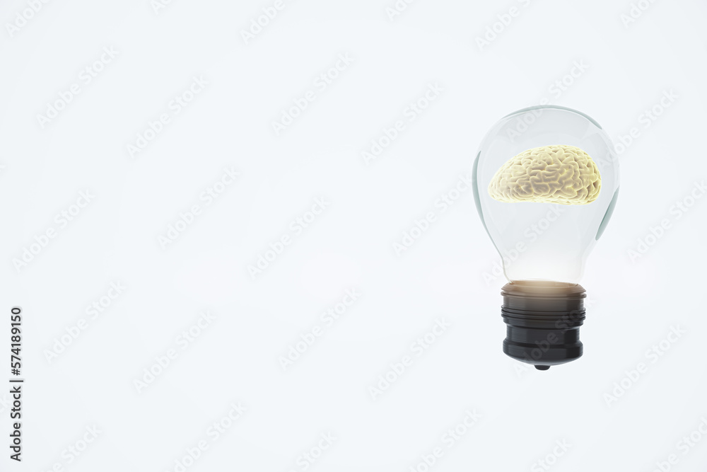 Aufkleber Abstract glass lamp with brain inside on white background with mock up place. Inventor concept. 3D Rendering.