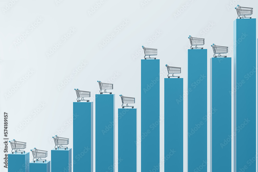 Poster Consumer demand increase concept with front view on metallic shopping trolleys on tops of growing financial chart graph pillars on abstract light background. 3D rendering