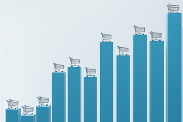 Obraz premium Consumer demand increase concept with front view on metallic shopping trolleys on tops of growing financial chart graph pillars on abstract light background. 3D rendering