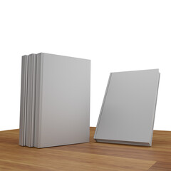 blank gray books on wooden table, transparent background png file
