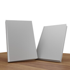 two blank gray books on wooden table, transparent background png file