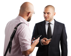 Happy young business couple speaking