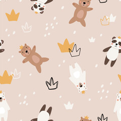 Cute kids bear seamless pattern. Cartoon bears characters like panda, koala, grizzly, polar, sloth. Scandinavian flat style, baby design for cards, posters, t-shirt print.